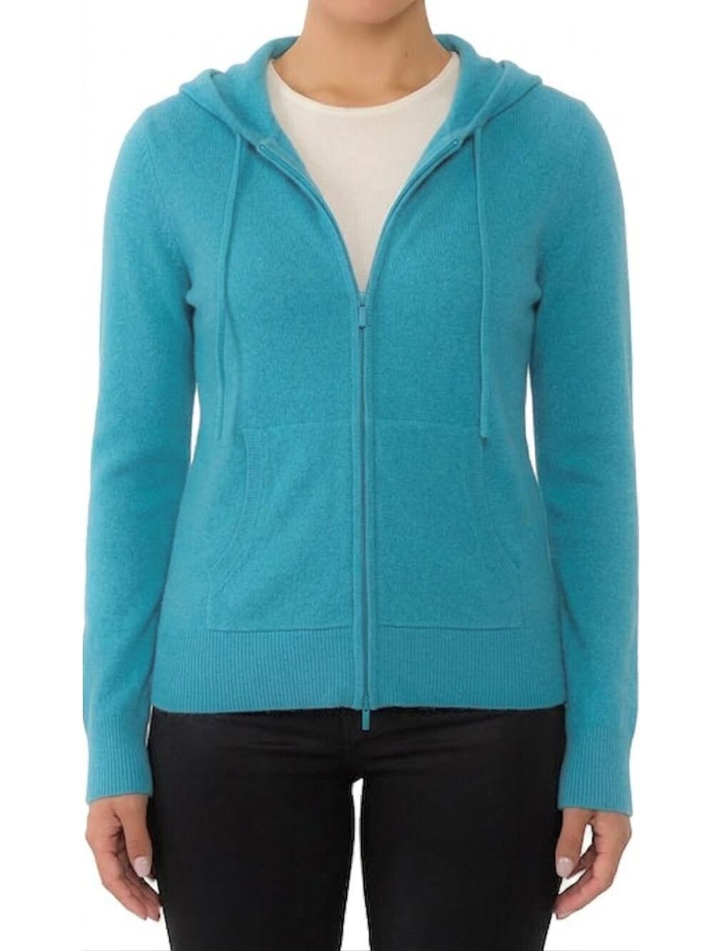 Jennie Liu 100% Pure Cashmere Long Sleeve Zip Hoodie Cardigan Sweater Teal Small